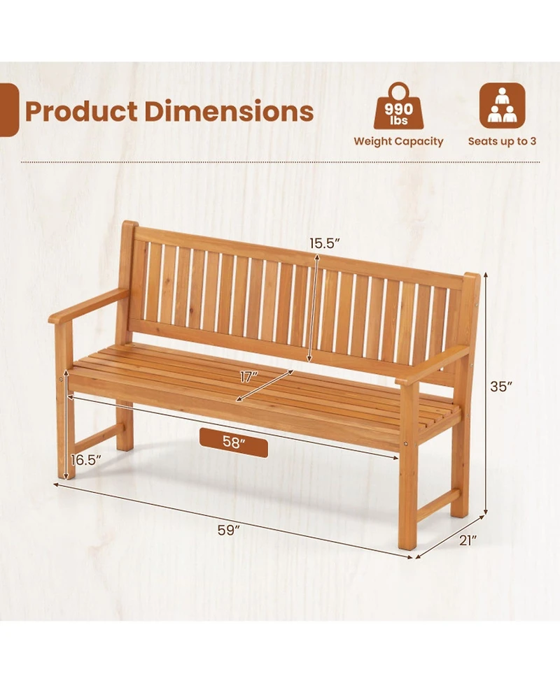 Sugift 3-Seater Outdoor Wooden Bench 59 Inch Large Garden Bench with Backrest