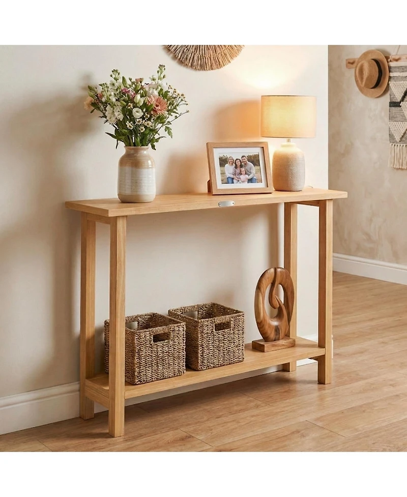 Sugift 47 in Solid Teak Wood Console Table with Storage Shelf