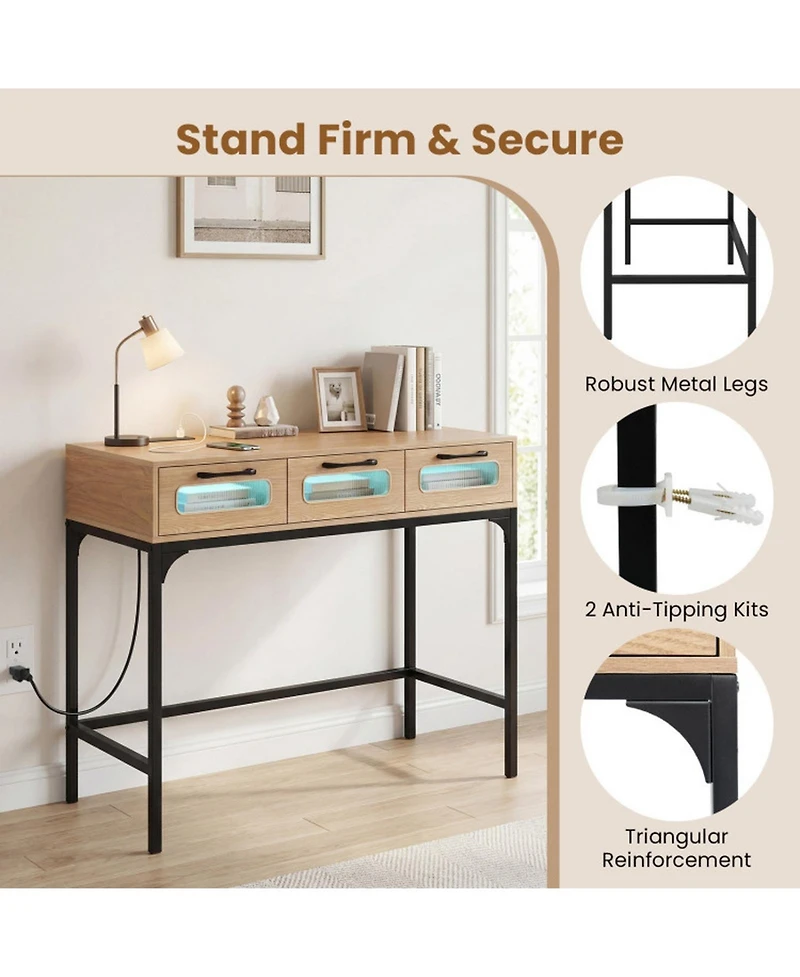Sugift Console Table with Led Lighting Charging Station and 3 Drawers for Living Room Hallway
