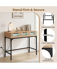 Sugift Console Table with Led Lighting Charging Station and 3 Drawers for Living Room Hallway