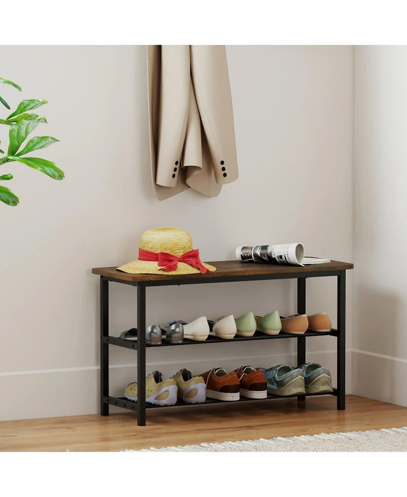 Sugift 3-Tier Shoe Rack Bench with Metal Slat Shelves and Long Wooden Seat
