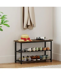 Sugift 3-Tier Shoe Rack Bench with Metal Slat Shelves and Long Wooden Seat