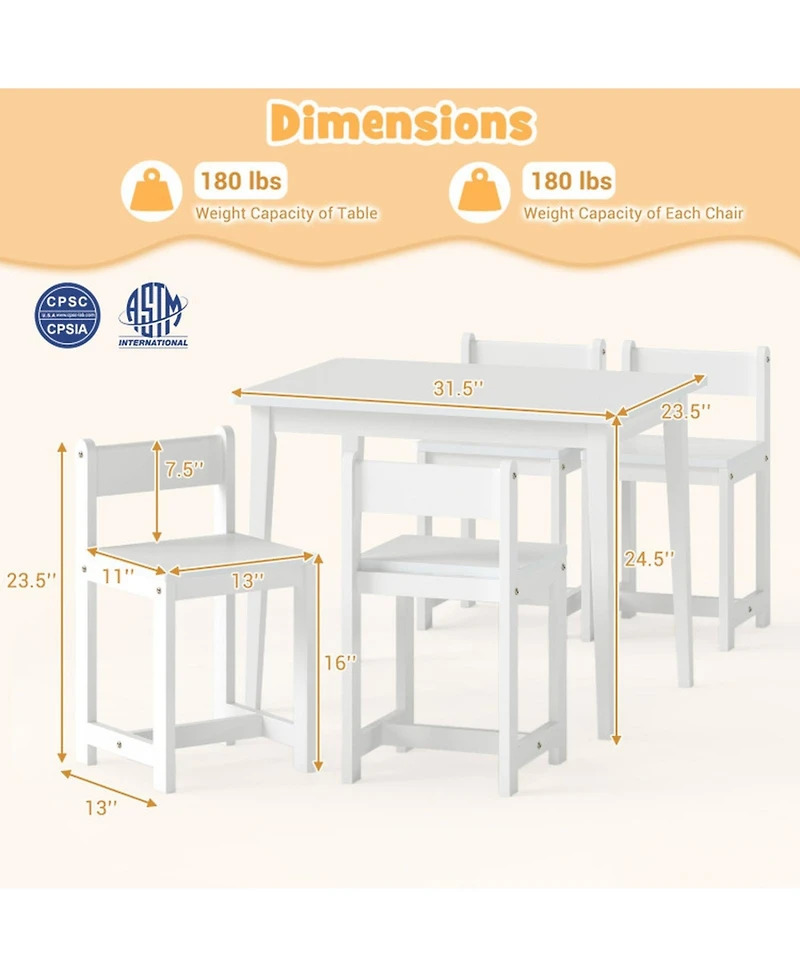 Sugift 5-Piece Kids Solid Rubber Wood Table and Chairs Set Toddler Activity Table