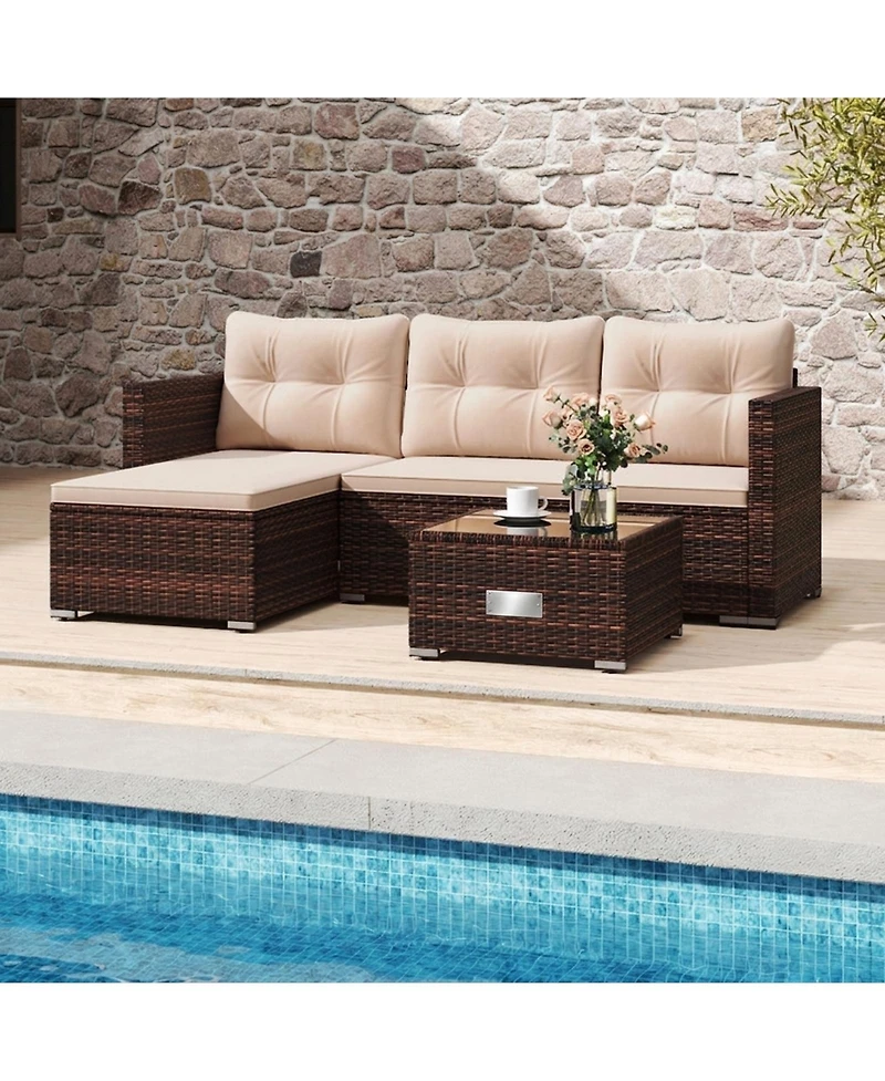 Sugift 4-Seat Outdoor Wicker Furniture Set with Tempered Glass Coffee Table and Soft Cushions