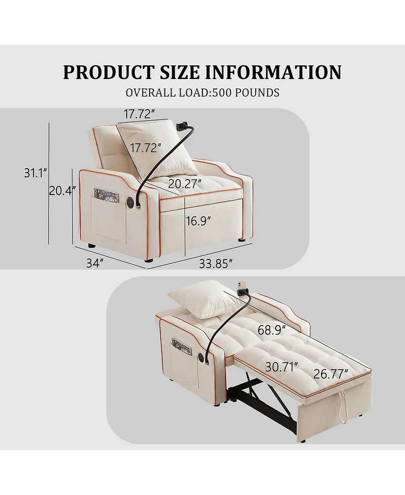 Clihome 3 1 Convertible Sleeper Sofa Chair Bed With Adjustable Backrest and Phone Holder