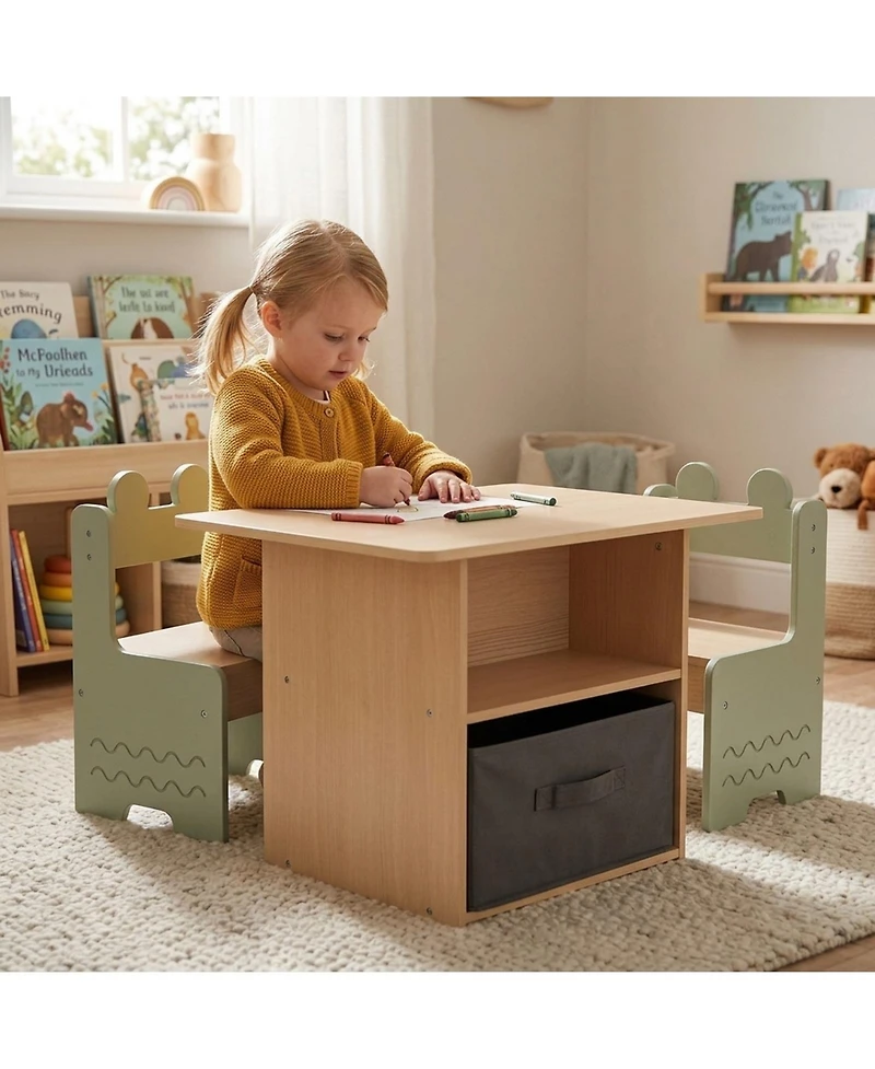 Sugift Wooden Kids Table and 2 Chairs Set with 2 Open Compartments