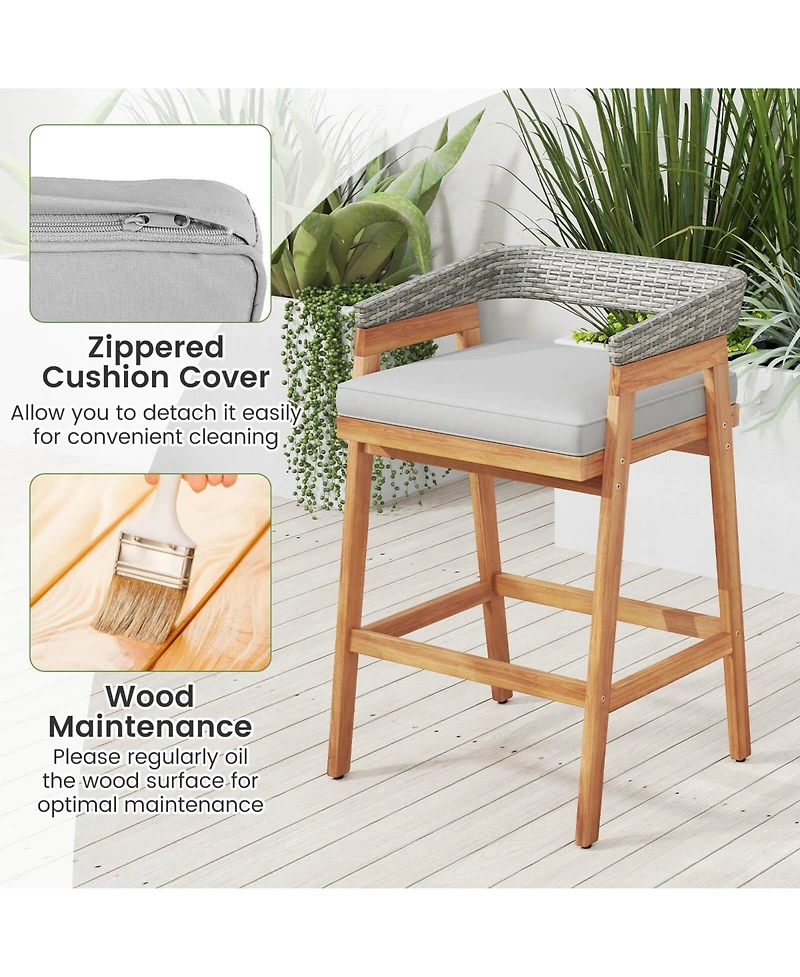 Costway Set of 2 Patio Counter Height Bar Stools with Cushions Pe Wicker Backrests