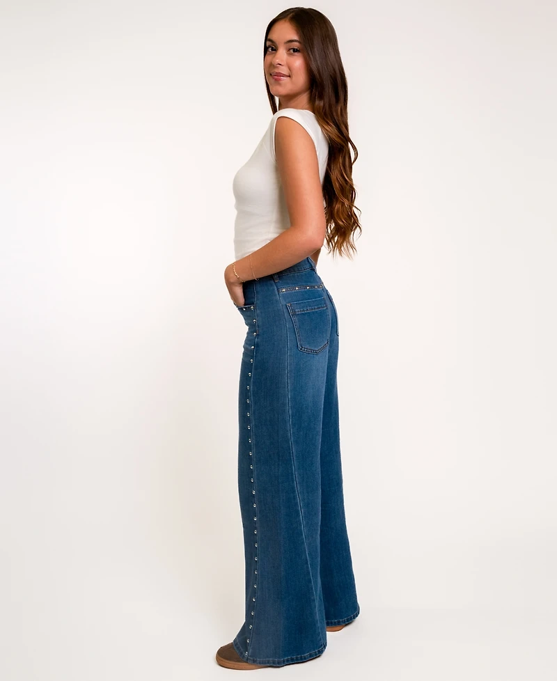 Indigo Rein Juniors' High-Waisted Wide-Leg Studded Jeans, 28-1/2" Inseam