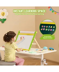 Sugift 3-in-1 Wooden Double-Sided Kids Art Easel with Magnetic Board Chalkboard Paper Roll Foldable