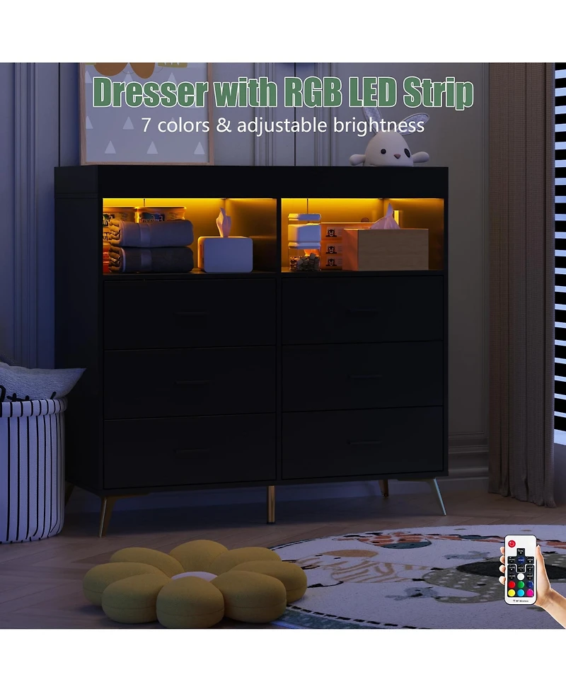 homfan 6-Drawer Changing Table Dresser with Led Lights and Charging Station, 2 Open Shelves, Convertible Baby Diaper Station