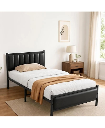 homfan Twin Size Pu Leather Platform Bed Frame with Upholstered Headboard, No Box Spring Needed
