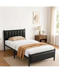 homfan Twin Size Pu Leather Platform Bed Frame with Upholstered Headboard, No Box Spring Needed