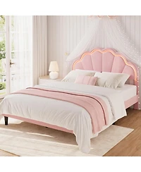 homfan Full Size Velvet Platform Bed with Seashell Headboard and Led Lights, Under-Bed Storage