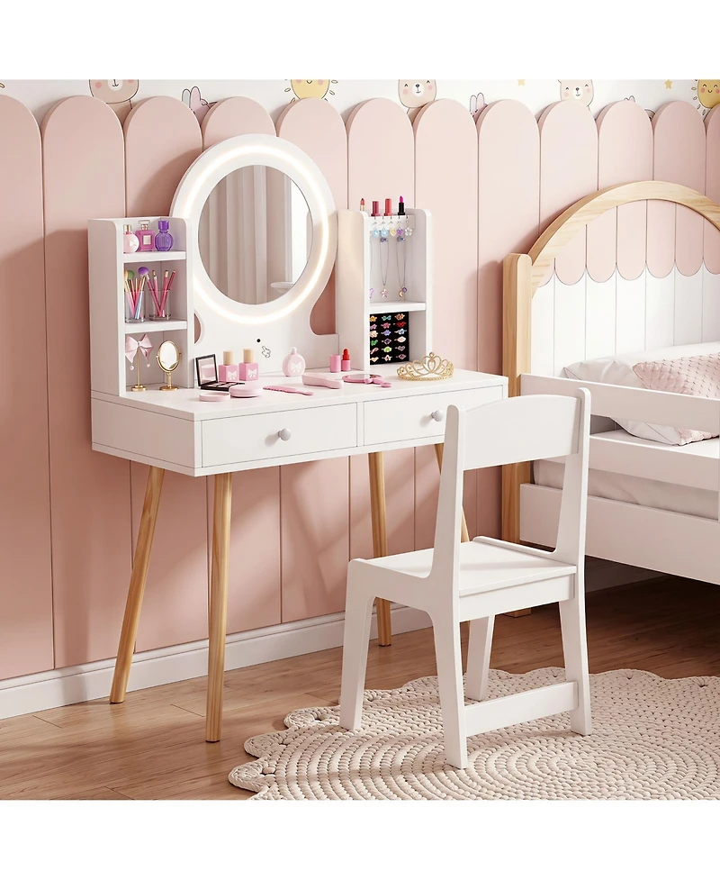 Costway Kids Vanity Set Princess Vanity Desk Set with 2-Color Led Lighted Acrylic Mirror