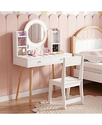 Costway Kids Vanity Set Princess Vanity Desk Set with 2-Color Led Lighted Acrylic Mirror