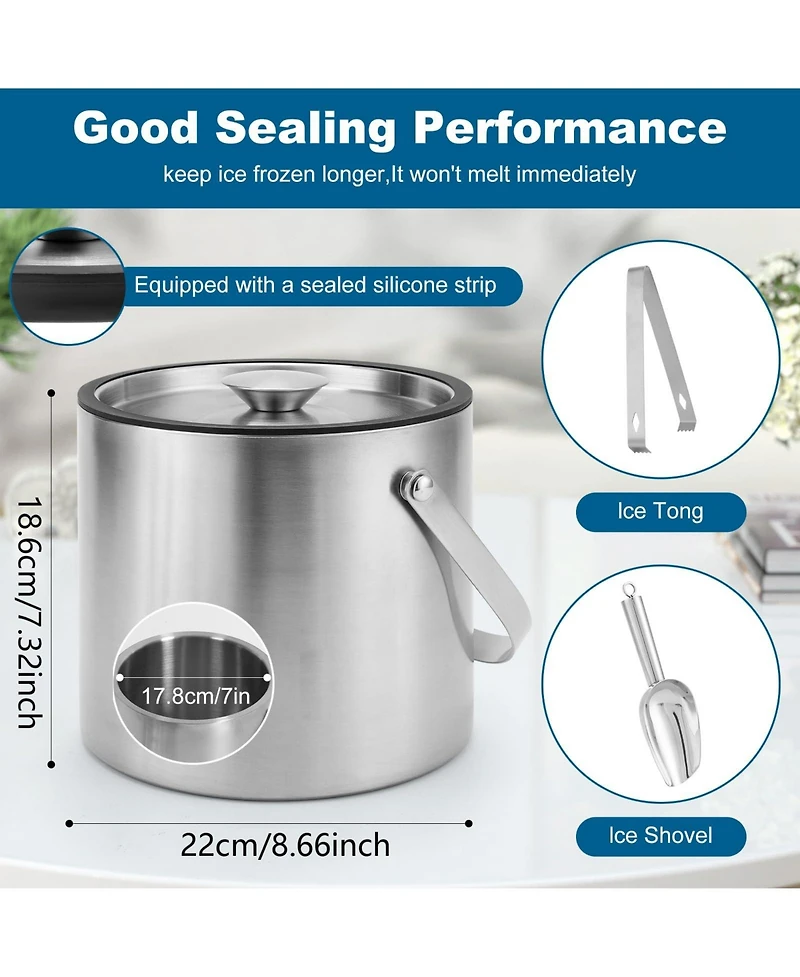 Piscifun Stainless Steel Insulated Ice Bucket With Lid Scoop Tongs For Bar Parties Drinks