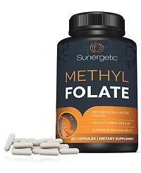 Sunergetic Methyl Folate Supplement with Vitamin B12 and Vitamin B6, 400 mcg Methyl Folate, 60 Capsules