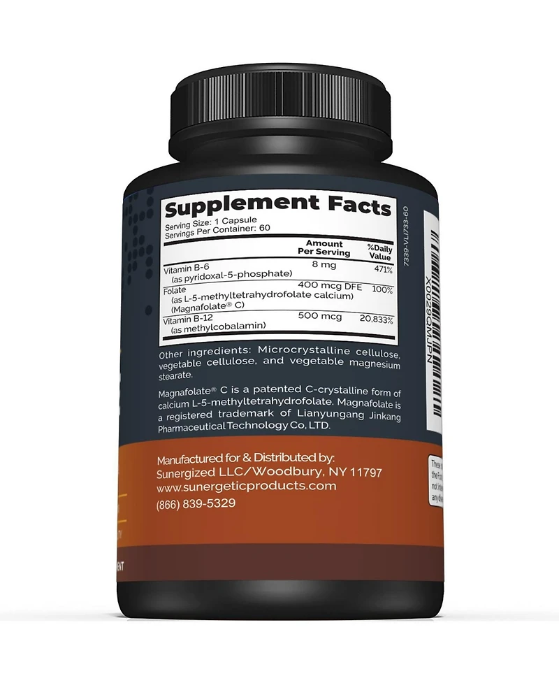 Sunergetic Methyl Folate Supplement with Vitamin B12 and Vitamin B6, 400 mcg Methyl Folate, 60 Capsules