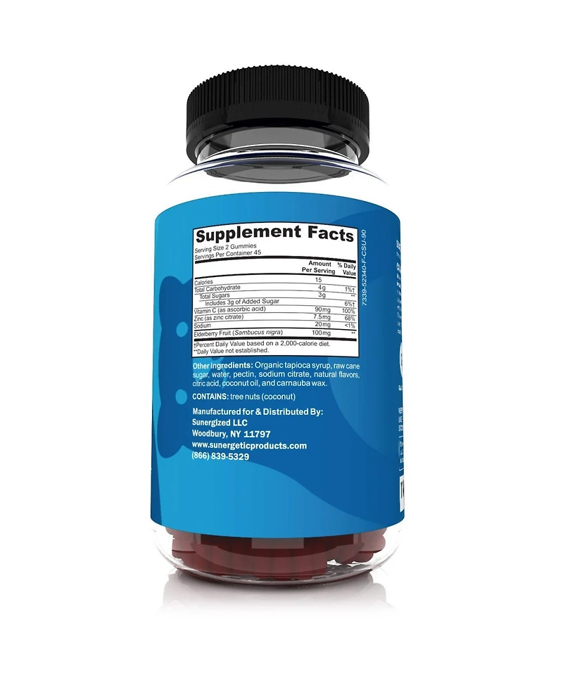 Sunergetic Elderberry Gummies with Vitamin C and Zinc, Raspberry Flavor, 90 Count