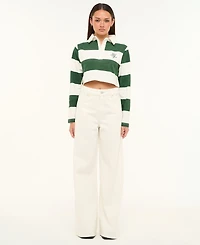 Abrand Juniors' Good Sport Polo Stripe Long-Sleeve Cotton Shirt