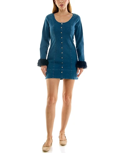 Rare Juniors' Denim Long-Sleeve Faux-Fur Trim Mini Dress
