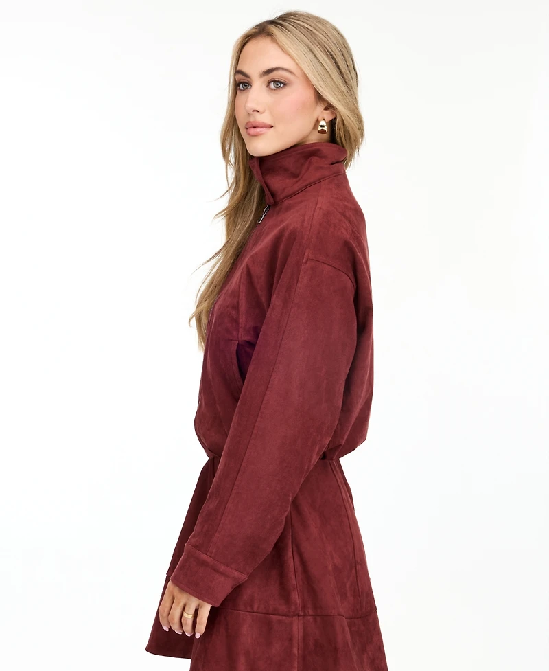 Kittenish Women's Porter Faux-Suede Bomber Funnel Neck Jacket