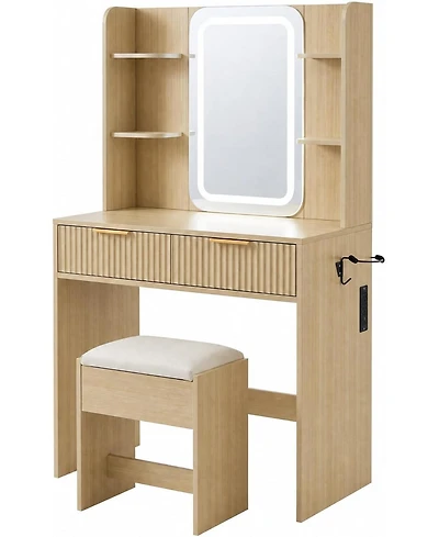 Gaomon Vanity Desk with Mirror and Led Light,Makeup Dressing Table Set Charging Station, Drawers Storage, Bedroom Makeup