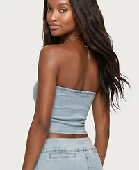 Edikted Women's Zaida Asymmetric Denim Strapless Top