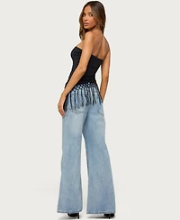 Edikted Womens Sarika Asymmetric Fringe Strapless Top