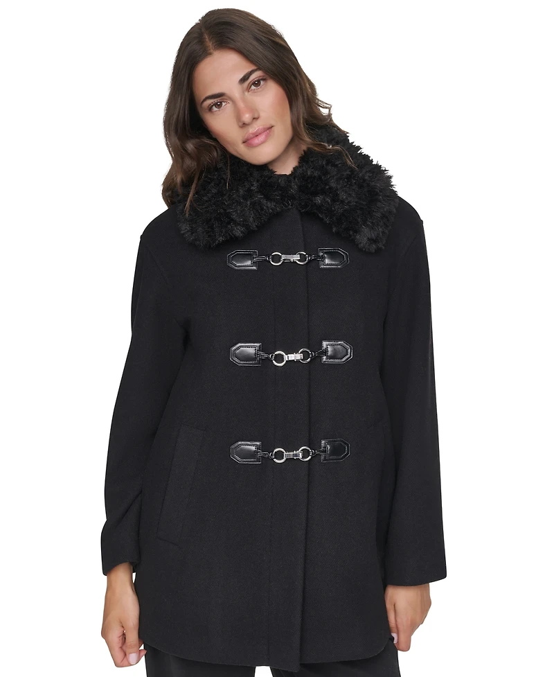 Dkny Women's Faux-Fur Collared Wool-Blend Mid-Length Coat