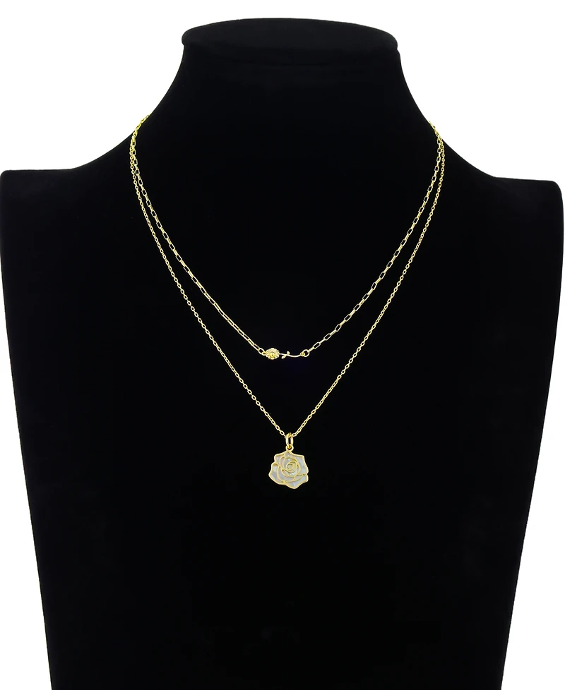 Mother of Pearl Inlay flower rose paperclip chain layered necklace with extender