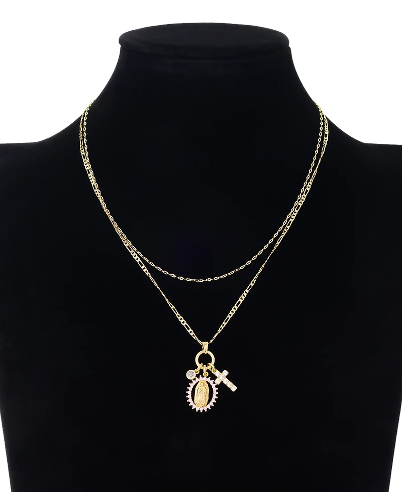 Unwritten Cubic Zirconia Gold-Plated Saint Charm Layered Necklace Set