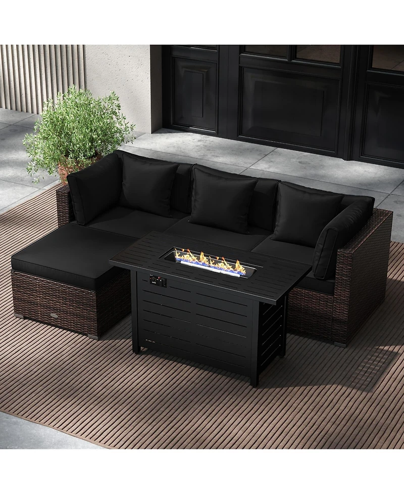 Costway 5 Pieces Patio Furniture Set Heavy-duty Frame Rattan Sofa with 60,000 Btu Firepit Table