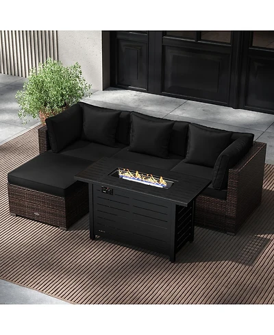 Costway 5 Pieces Patio Furniture Set Heavy-duty Frame Rattan Sofa with 60,000 Btu Firepit Table