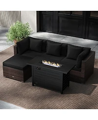 Costway 5 Pieces Patio Furniture Set Heavy-duty Frame Rattan Sofa with 60,000 Btu Firepit Table