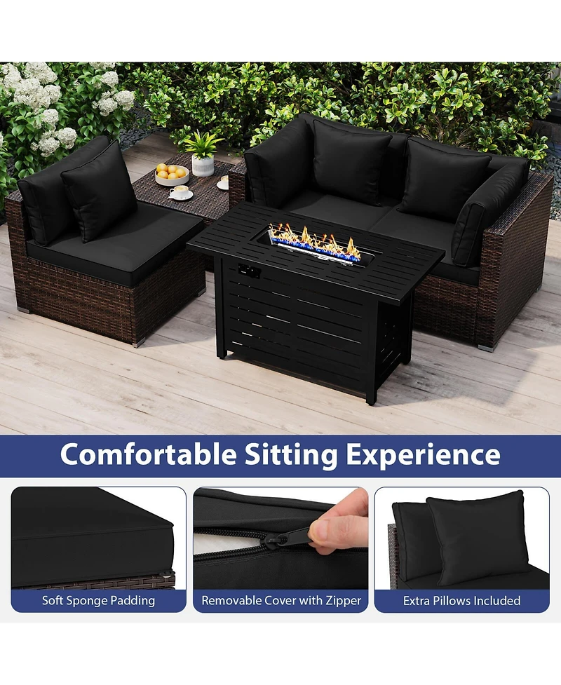 Costway 5 Pieces Patio Furniture Set Heavy-duty Frame Rattan Sofa with 60,000 Btu Firepit Table