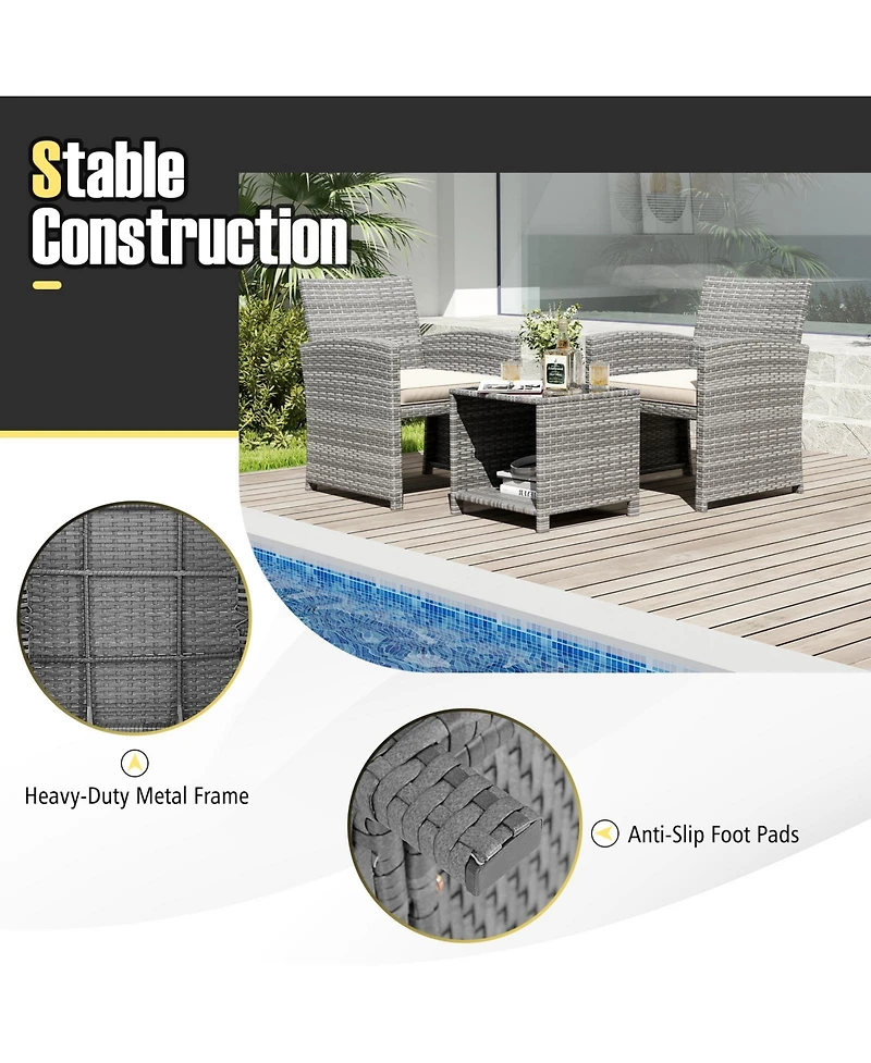 Gouun 3-Piece Patio Wicker Chair and Coffee Table Set with Cushions