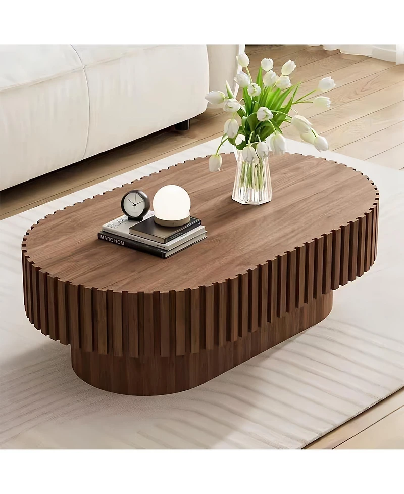 Clihome Oval Coffee Table,Mid Century Modern Fluted Table with Pedestal, Classic Wood