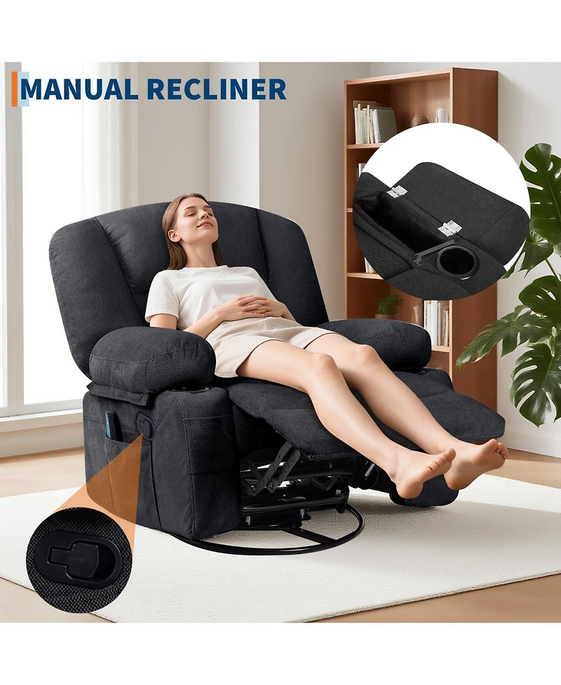 gaomon Oversized massage recliner with vibration and heating,Chenille,manual recline, side pocket,Cup Holders