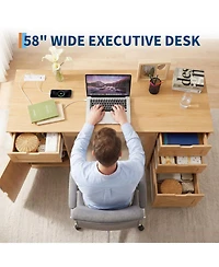 gaomon 59 Inch Office Desk with 4 Drawers Farmhouse Home Office Desk with Charging Station and Keyboard Tray/ Wooden Computer Desk