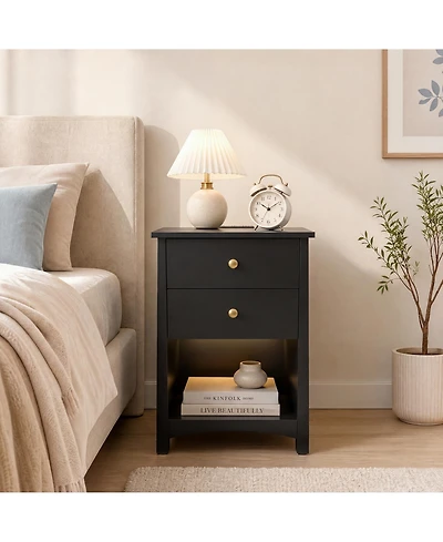 homfan Nightstand with Power Outlets | Open Storage and Led Light Strip, Modern Mid Century Bed Side Table 2 Drawers,