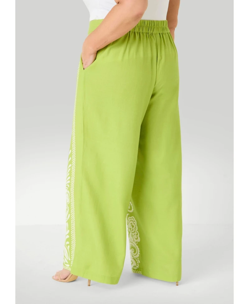 Ashley Stewart Plus Leaf-Print Pull-On Wide-Leg Linen-Blend Pants