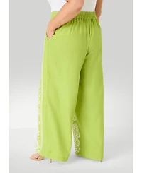 Ashley Stewart Plus Leaf-Print Pull-On Wide-Leg Linen-Blend Pants
