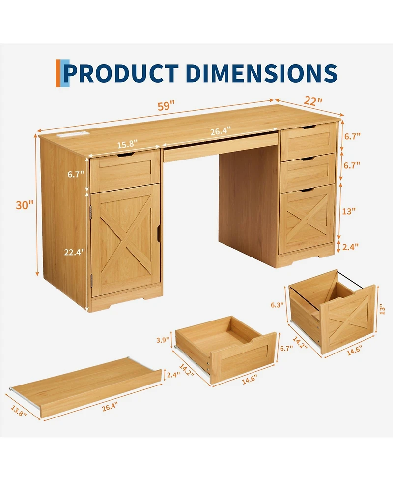 homfan 59" Farmhouse Office Desk with 4 Drawers, Charging Station and Keyboard Tray, Wood-Look