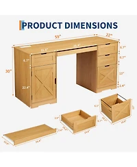 homfan 59" Farmhouse Office Desk with 4 Drawers, Charging Station and Keyboard Tray, Wood-Look