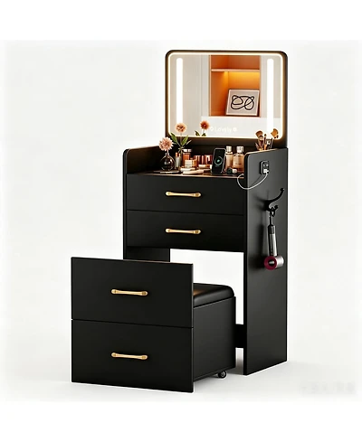 gaomon Mini Makeup Vanity Desk with Led Lighted Mirror, Usb Charging Station, Hidden Rolling Stool