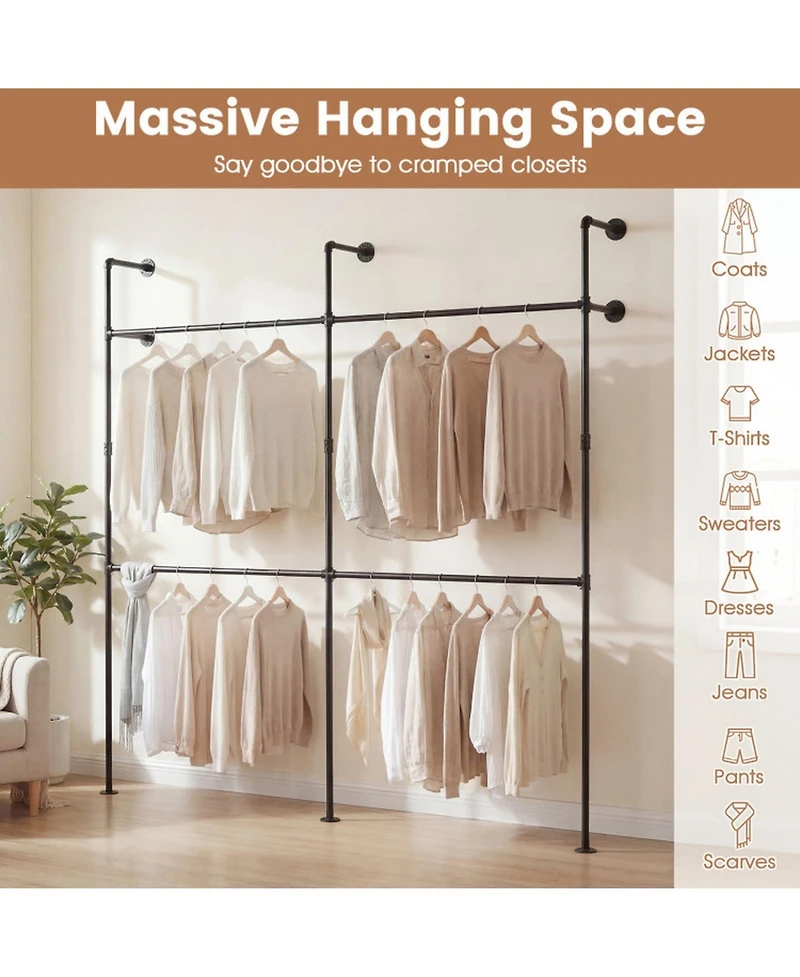 Hongge 9-Inch Double Tier Pipe Clothing Rack for Wall Mounting