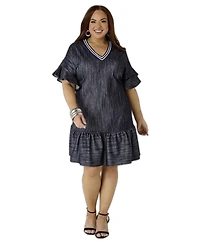Ashley Stewart Plus Textured Denim Babydoll Dress