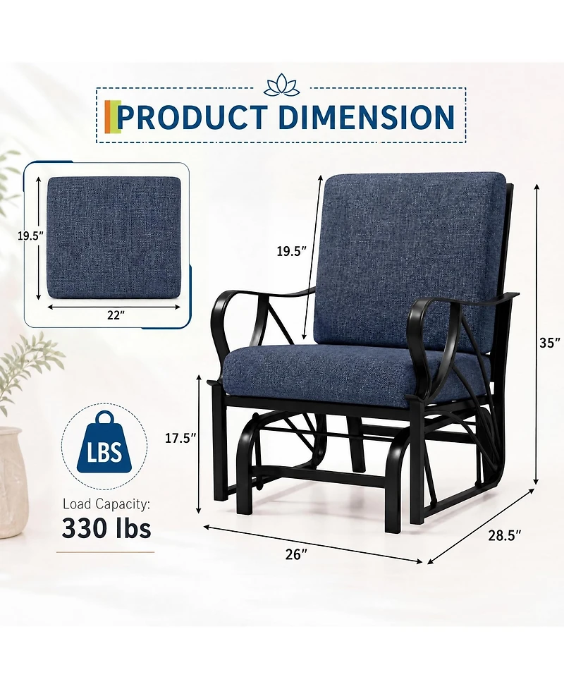 homfan Porch Glider with Removable Cushion, Outdoor Rocking Chair Heavy-Duty Metal Frame, Curved Armrests for Patio