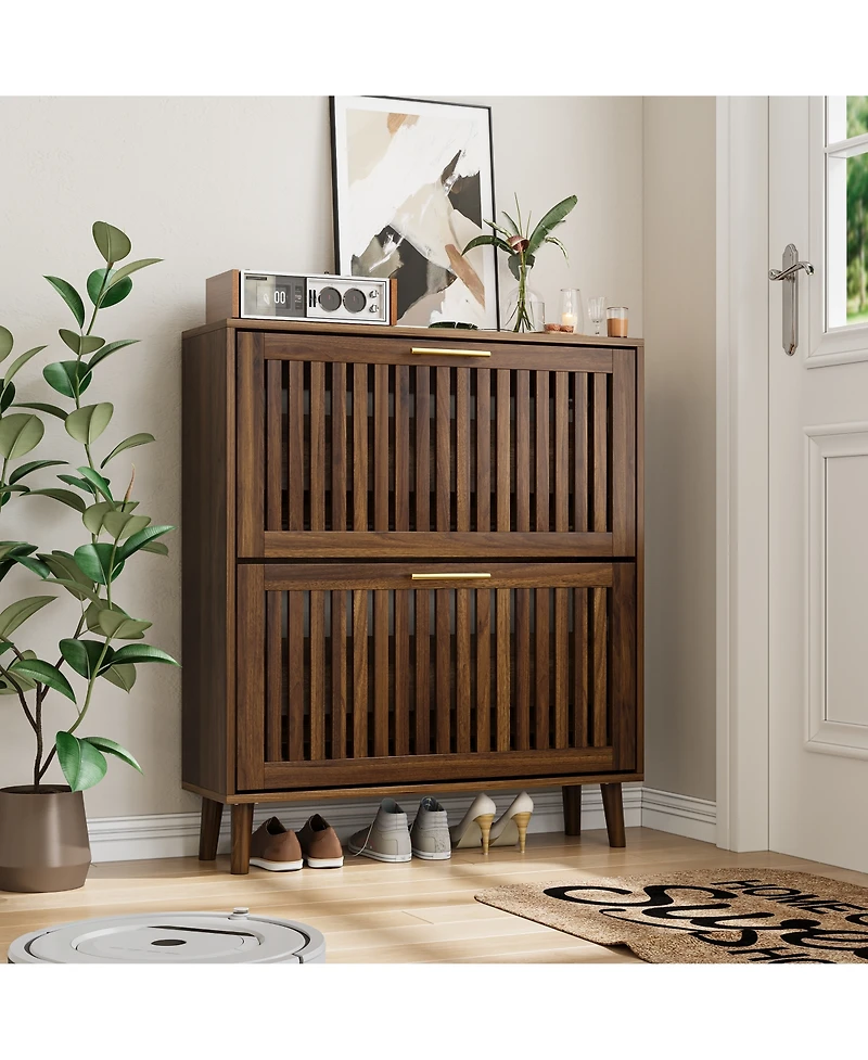 Boyel Living 31.5-Inch Shoe Storage Cabinet, Medieval Modern Independent Shoe Cabinet, Fence Shoe Cabinet with 2 Flip Drawers